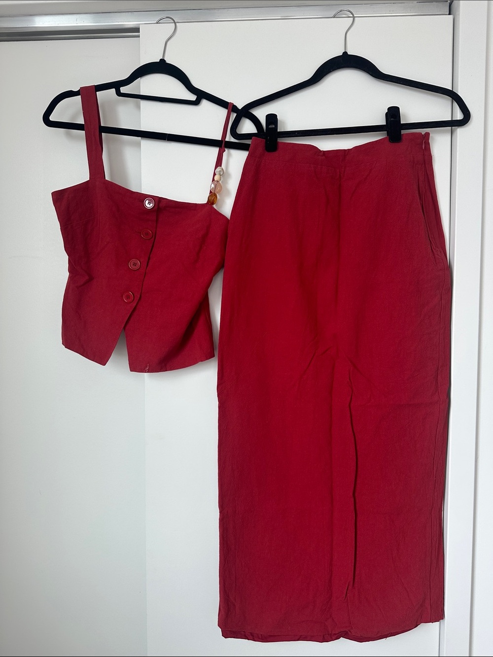 Red Linen-Blend Midi Skirt (M) with Matching Button-Front Crop Top (S)